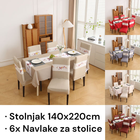 NOVI DEZEN Set stolnjaka i elastična navlaka za stolice - 7 dijelova - SANDWAY